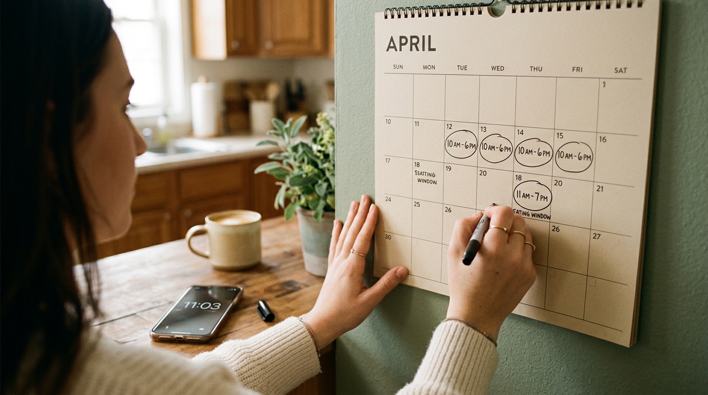 Person planning a 16:8 intermittent fasting eating window on a kitchen wall calendar