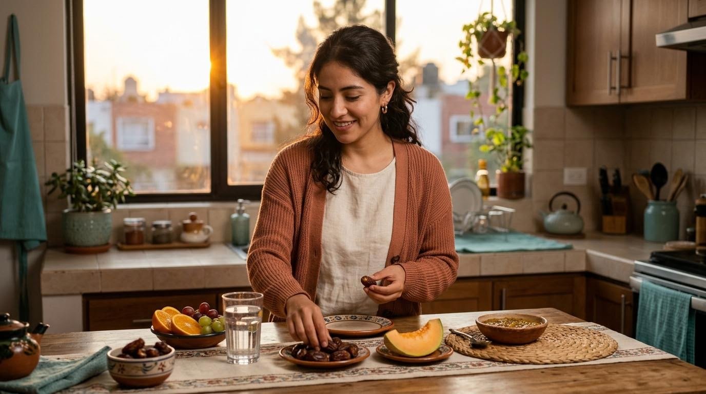 16:8 intermittent fasting schedule eating window compared to a Ramadan iftar meal of dates and fruit at sunset