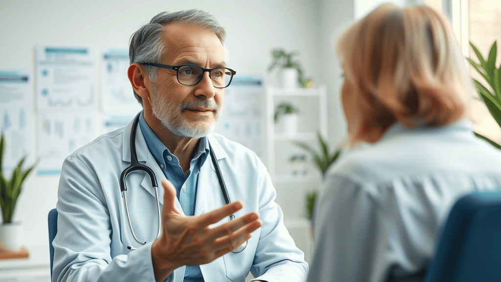 Doctor discussing the benefits of a healthy lifestyle routine with a patient in a clinical setting