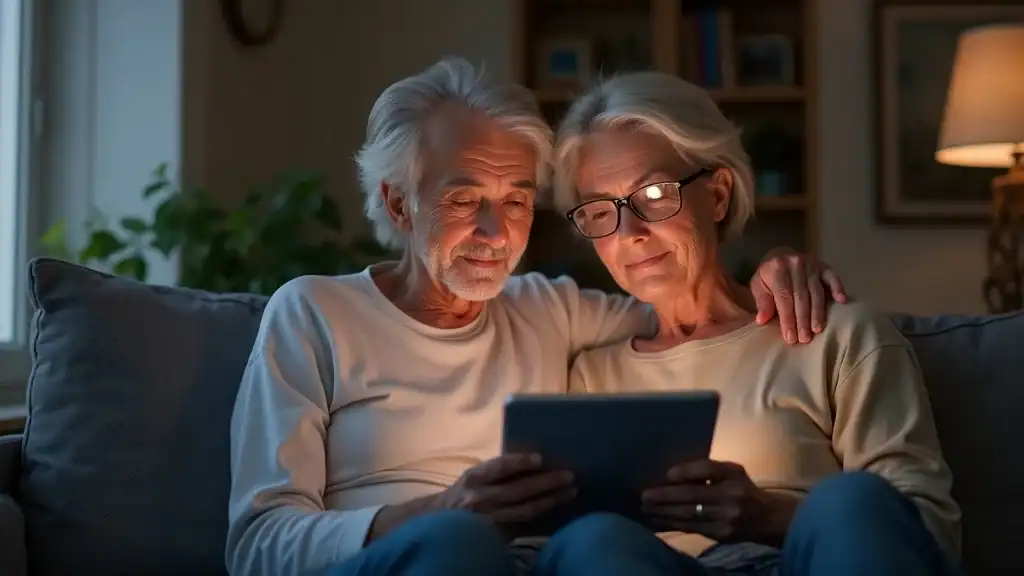 Curious couple researching mental health practices on a tablet in a cozy living room