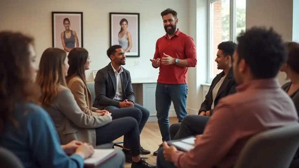 Motivational coach leading a group check-in during a fitness challenge, helping address barriers in fitness challenges and rewards