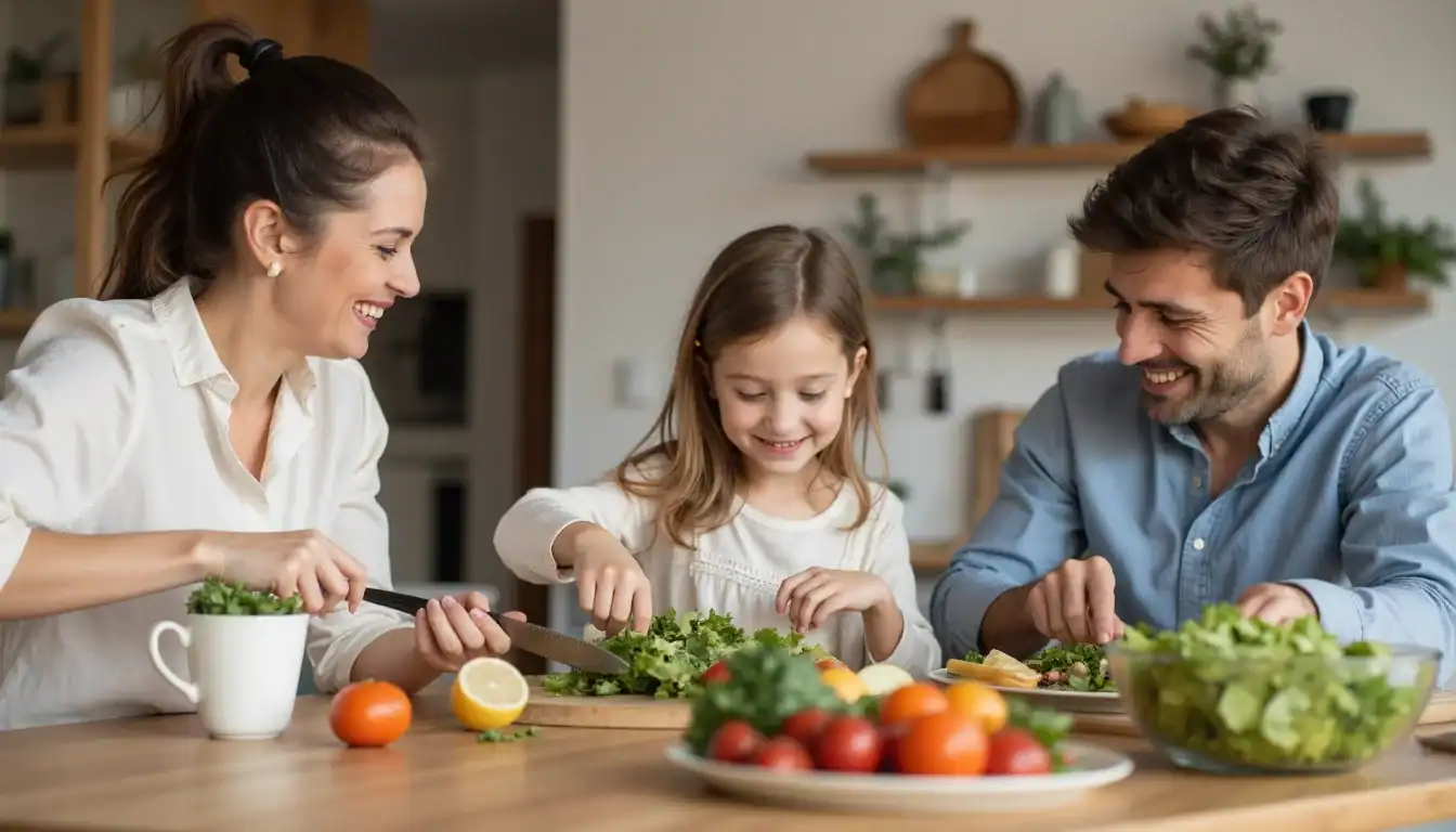 Adults preparing a colorful healthy meal spread as part of their healthy lifestyle routine with emphasis on healthy eating