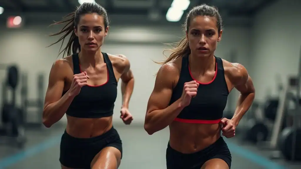 interval training for weight loss: athletic man and woman performing HIIT sprints in modern gym, sweat and motion blur indicating intensity, high realism, black and red sportswear