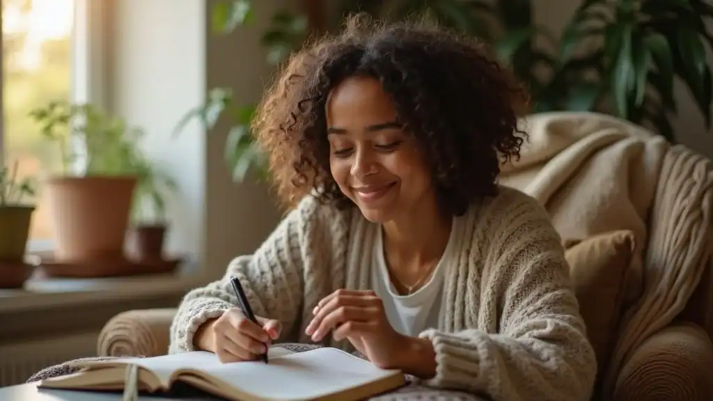 Adult journaling at home for greater mental well-being, sunlit living room with cozy textures