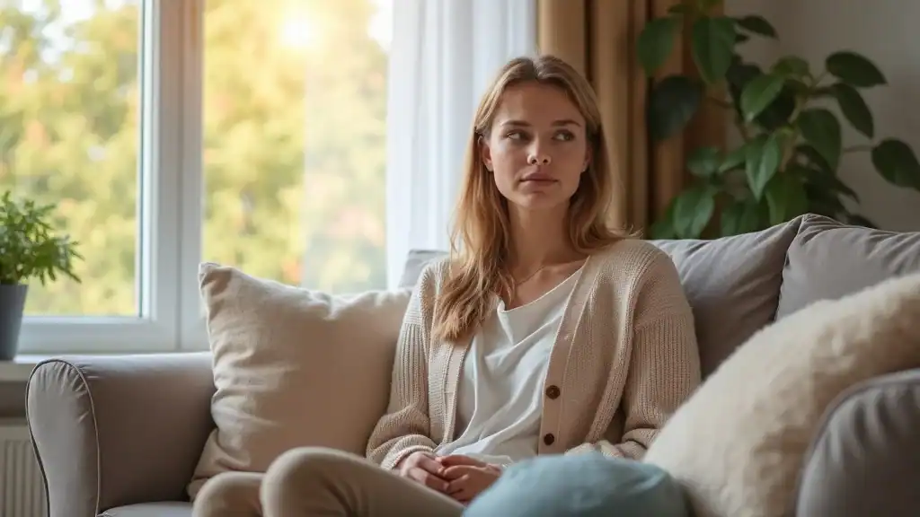 Calm adult practicing stress management techniques for bipolar disorder, thoughtful expression, cozy living room, herbal tea, sunlight.