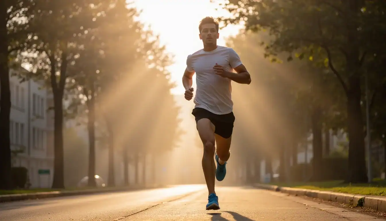 Jogger in early morning sunlight practicing physical activity as part of their healthy lifestyle routine