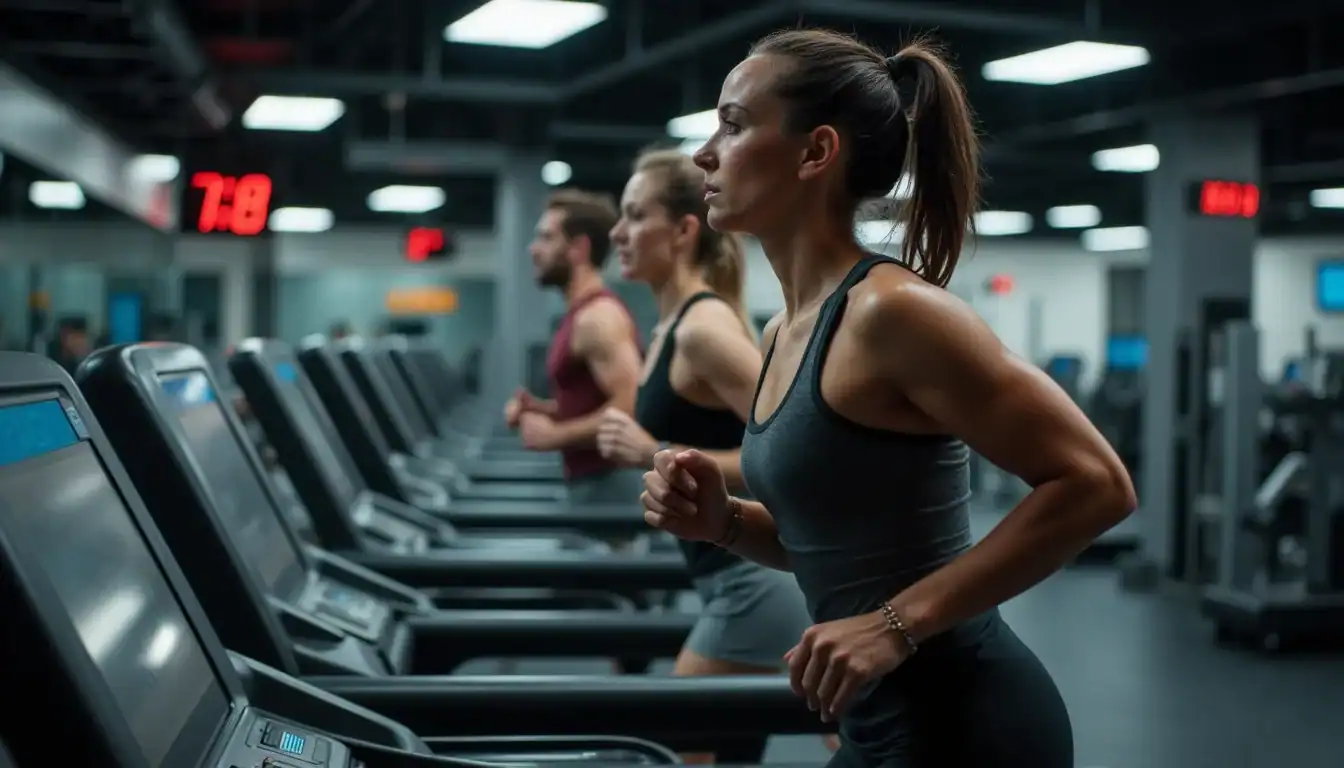 Focused man and woman sprinting on treadmills in a high-tech gym, demonstrating high-intensity interval training for targeting belly fat