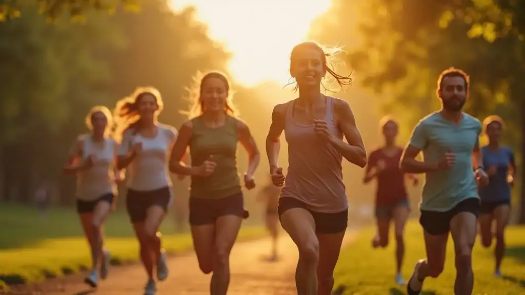 best exercises for weight loss: diverse group jogging outdoors in urban park during golden hour, energetic and determined expressions, motion blur on legs, crisp air and visible breath, photorealistic style