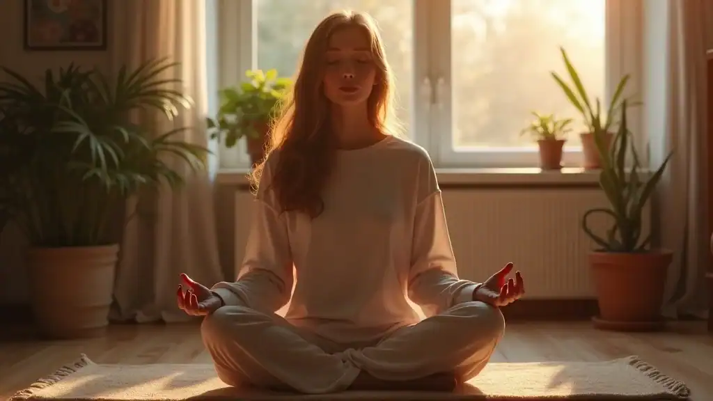 Thoughtful woman practicing mindfulness meditation, prioritizing mental health in a calm, plant-filled living room