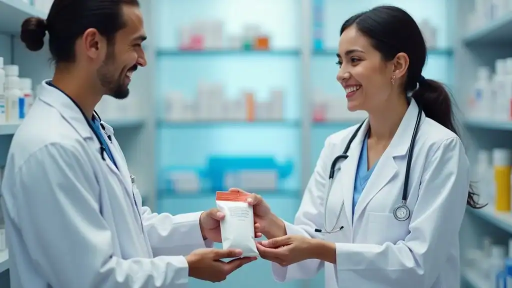 Pharmacist handing prescribed medication to a patient – medication for bipolar disorder, support, mental health, photorealistic