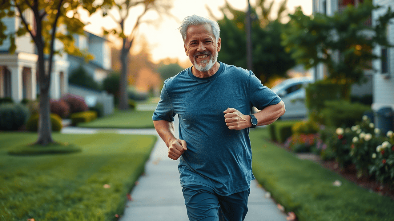 older adult - Upbeat older adult male jogging outdoors, determined and mid-stride, photorealistic scene with scenic neighborhood and blooming gardens, rendered in sharp detail, healthy and active.