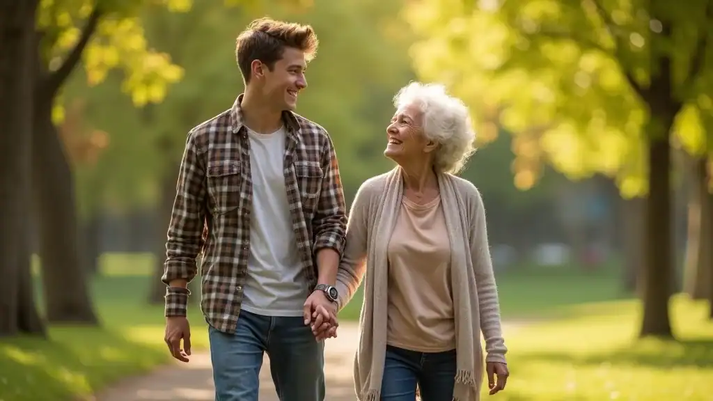 Inspirational teenage boy and elderly woman walking together, exemplifying intergenerational support for mental health practices