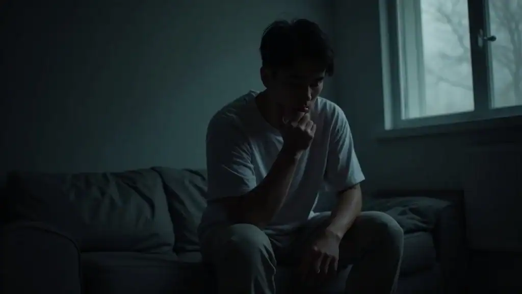 Concerned young man considering barriers to prioritizing mental health, sitting in a dimly lit modern apartment