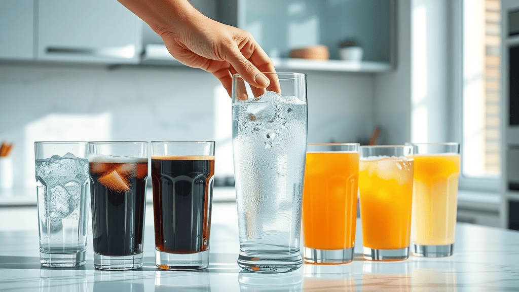 liquid calorie management for weight loss tips without exercise, selecting water over soda, bright kitchen counter