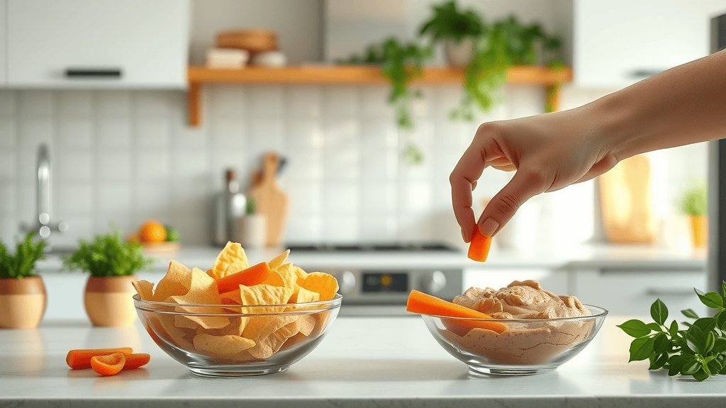 before-after healthy food swaps for weight loss tips without exercise, carrots and hummus replacing chips, natural kitchen light