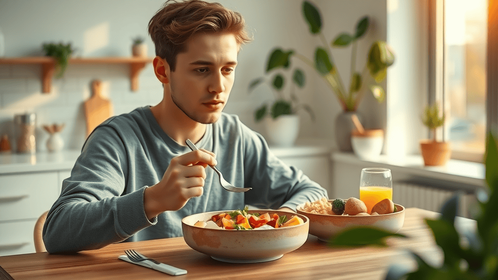 practicing mindful eating for weight loss tips without exercise, young adult at sunlit kitchen, colorful meal, thoughtful expression