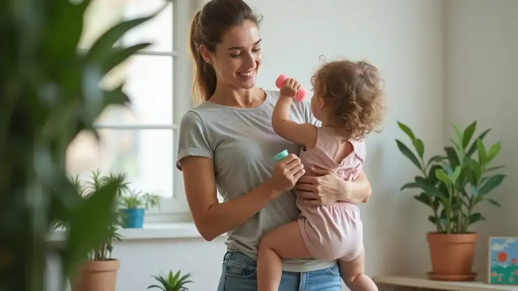 Active mother with toddler achieving fitness goals for moms – determined, exercising at home, gentle motion blur, playfully balancing child, natural light, houseplants, children's artwork