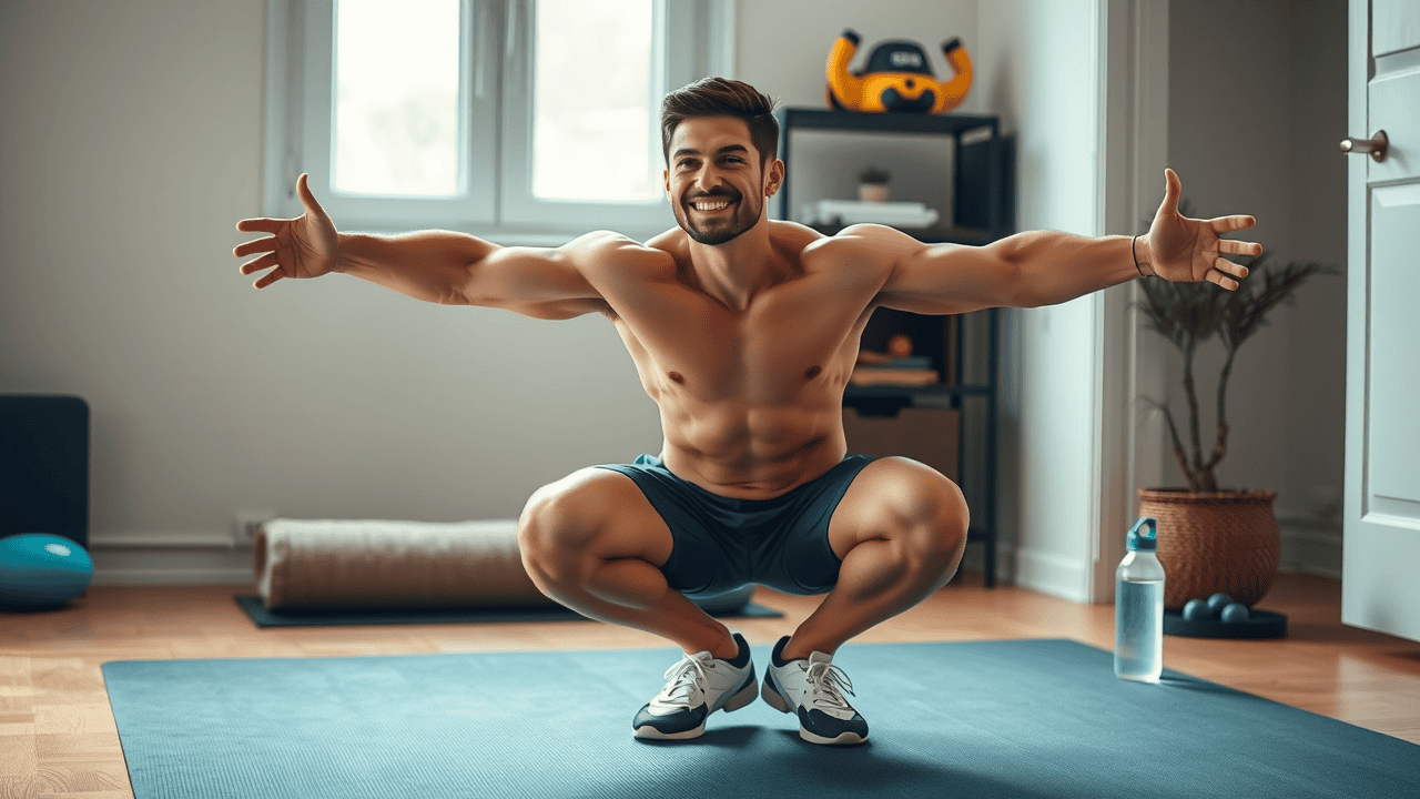 Beginner practicing bodyweight squat with arms extended, confident and relaxed in a simple full body workout routine for beginners