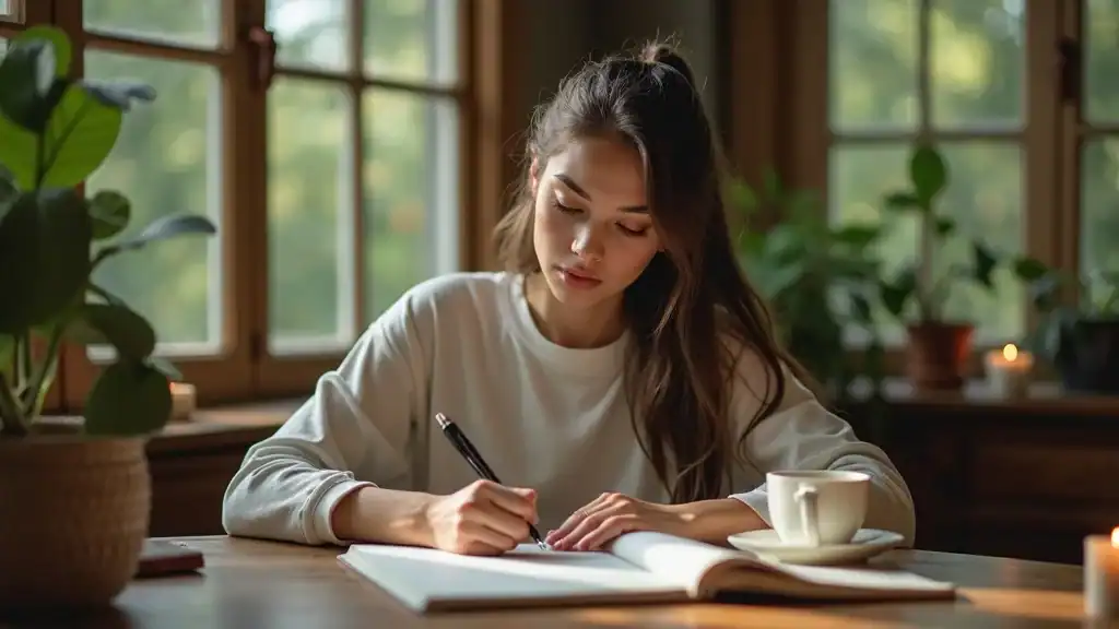 Journaling as a stress management technique for bipolar disorder, woman at desk with notebook, candle, peaceful morning light.