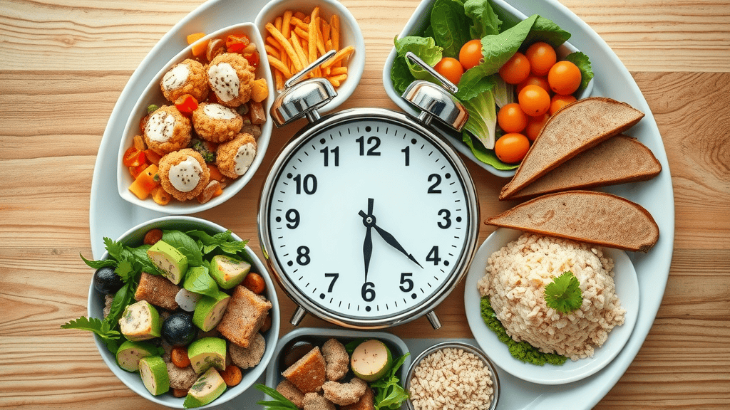 16:8 intermittent fasting clock and meal spread for eating window