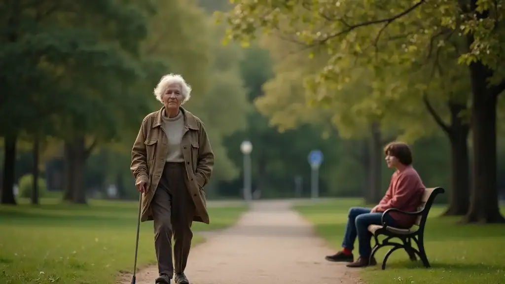 Elderly person and teen with subtle signs of depression, distant and withdrawn in a park