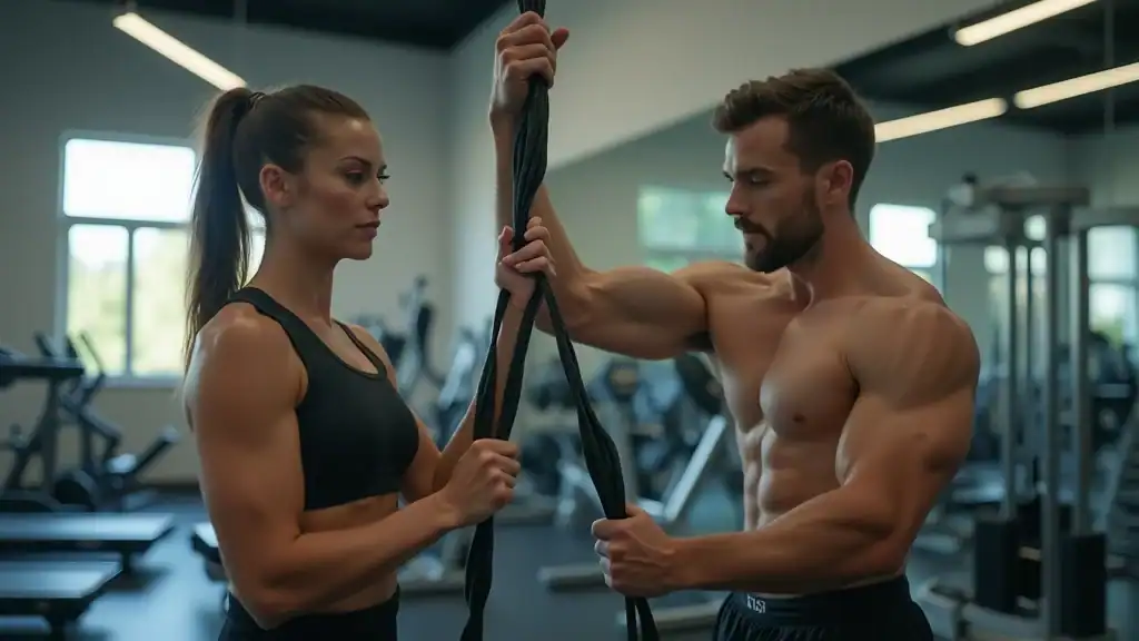 athletes demonstrating synergistic and antagonistic muscle group exercises using cable machines in a gym