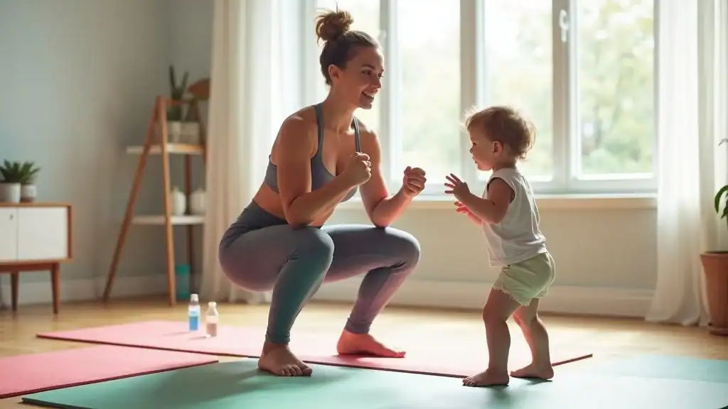 Empowered mom performing bodyweight squat to support fitness goals for moms — proper form, toddler mimicking, clean living room, energetic, high realism