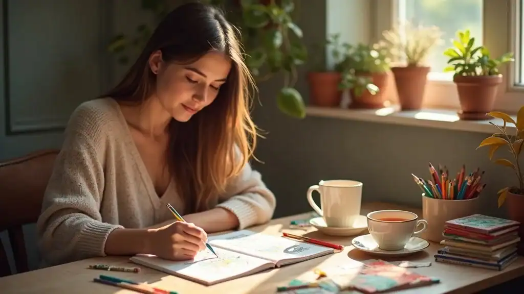Adult engaged in art journaling, a creative stress management activity for adults, in a cozy sunlit nook with pastel art supplies and cups of tea