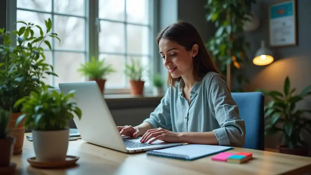 Browsing mental health resources for stress management in bipolar disorder, person at laptop in modern well-lit home office.