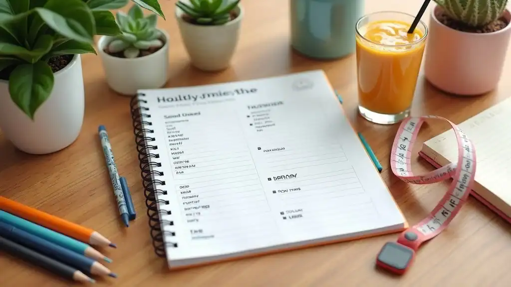 weight loss exercise planning: organized desk with planner, smoothie, and measuring tape, fitness journal listing weekly workouts, photorealistic detail, natural light