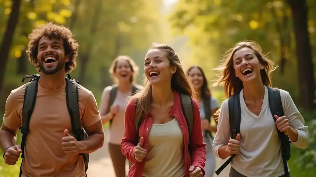 Group of friends improving mental health by walking and laughing on a forested trail