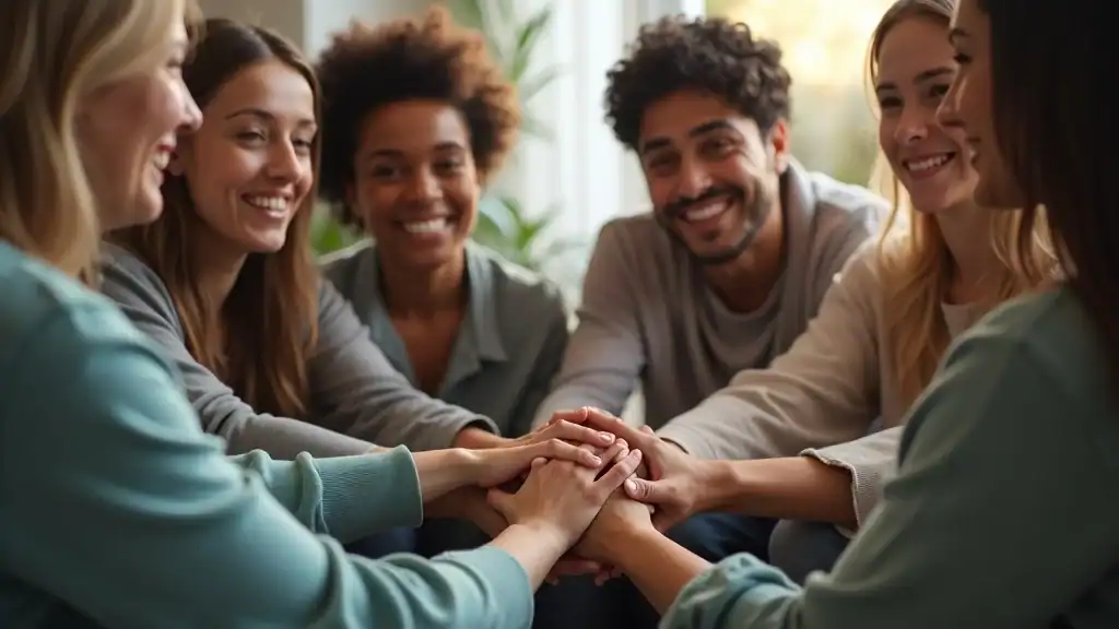 Compassionate diverse group of adults prioritizing mental health, supporting each other in a bright community center