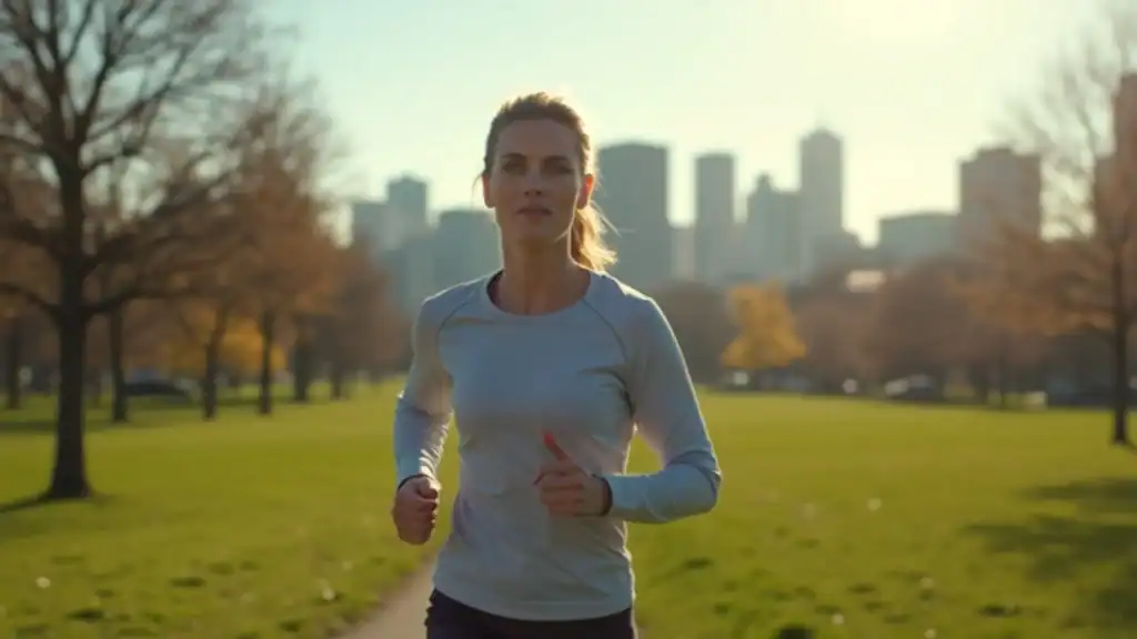 Creative outlet and physical activity for coping with bipolar disorder, person jogging in urban park, city skyline and greenery.