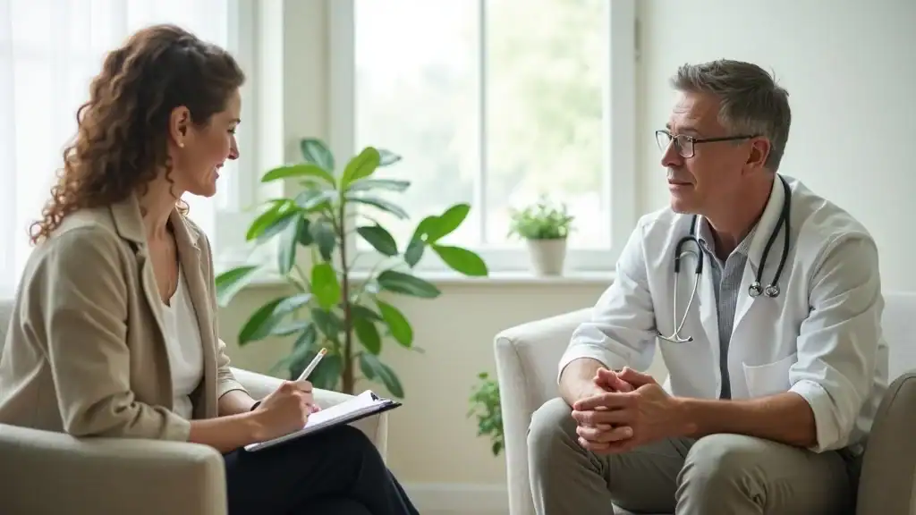 Mental health care provider discussing symptoms and diagnosis of anxiety disorder with an adult client in a welcoming counseling office