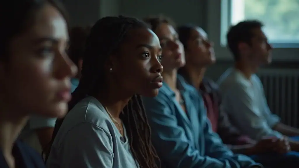 Somber diverse group showing early recognizing symptoms of depression in a community center