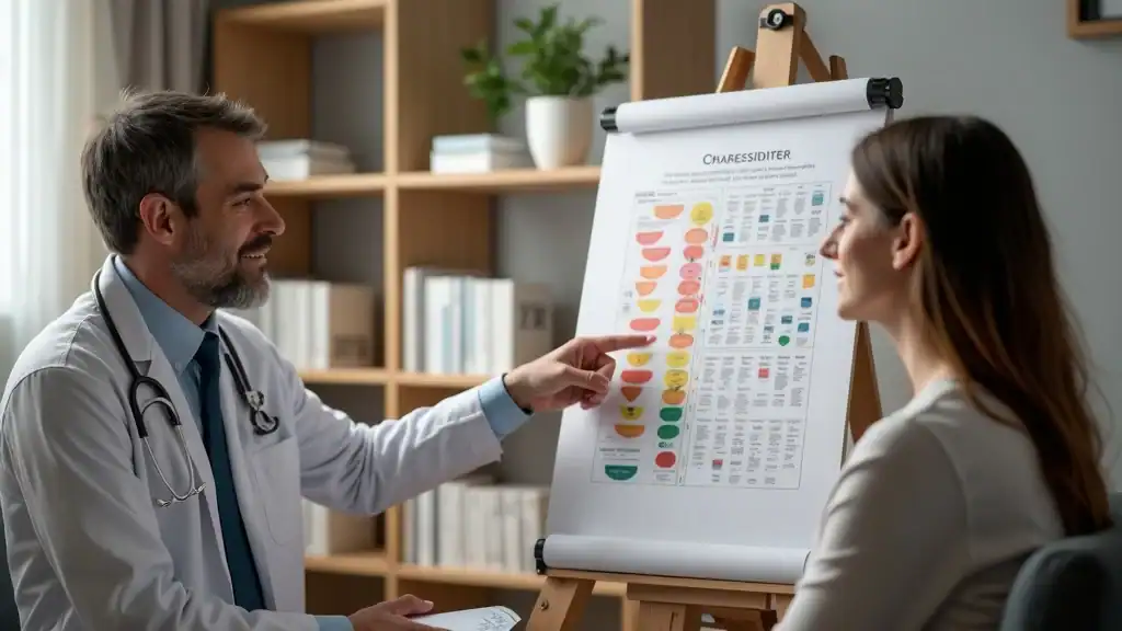 Professional therapist explaining bipolar disorder with mood chart – mood swings, mental health, coping strategies, photorealistic