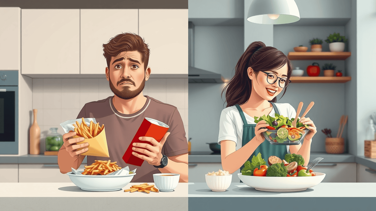 Weight loss tips for beginners: Split scene of fast food frustration and healthy eating satisfaction