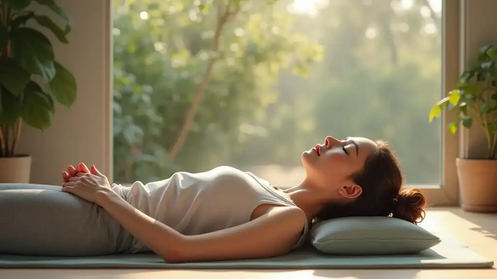 Calm adult practicing relaxation and stress management for anxiety disorder in a serene room with natural light, yoga mat, and peaceful atmosphere