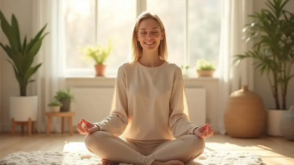 Calm middle-aged woman practicing meditation for mental health practices in a peaceful home environment