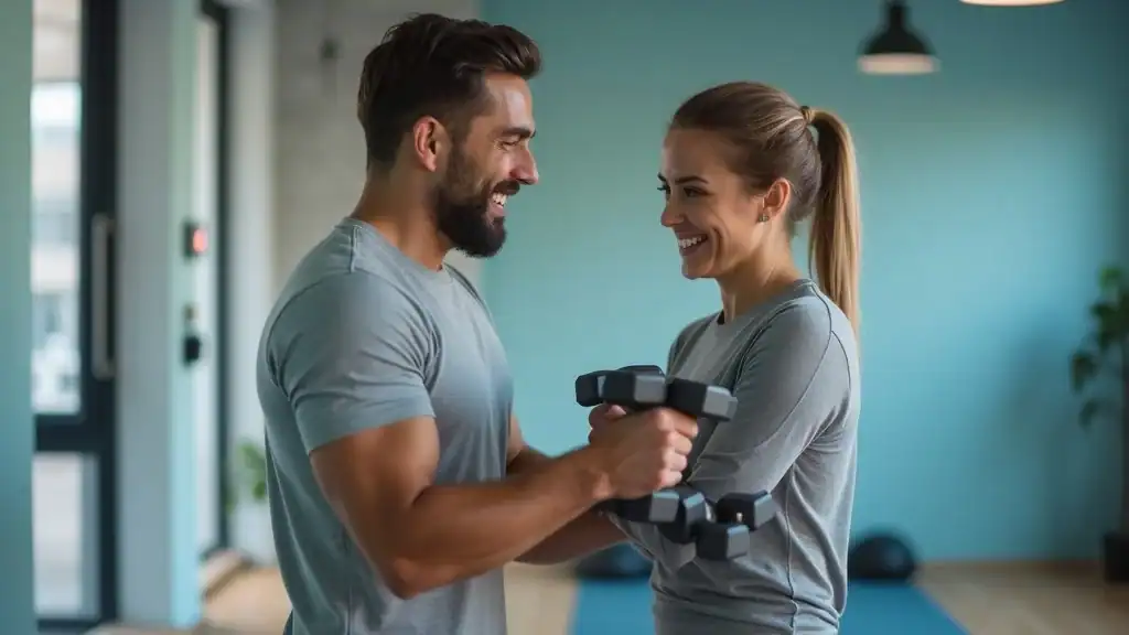 Personal trainer assisting beginner during a fitness challenge, showing how fitness challenges and rewards can be adapted for all levels