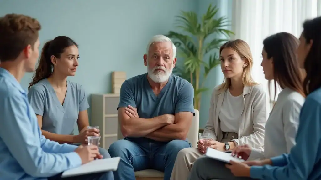 Diverse group of adults showing concern and support as they discuss signs of anxiety disorder in a modern clinical setting with a caring therapist present