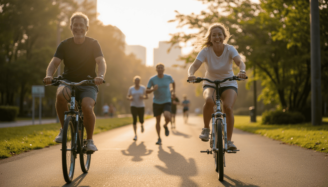 Energetic people of various ages being active — joyful expressions, walking bikes, stretching, and jogging in an urban park, styled as photorealistic set in an early morning city greenway, featuring dynamic elements like leaves blowing gently and runners in motion, rendered with sharp detail and smooth depth of field, emphasized with natural greens, blues, and sunrise yellows, under golden hour lighting, captured as if shot with a Fujifilm XF 23mm f/1.4 lens. Special Instructions: -Make sure faces, limbs, hands, and fingers are not disfigured and are positioned naturally -Do Not include text in the image