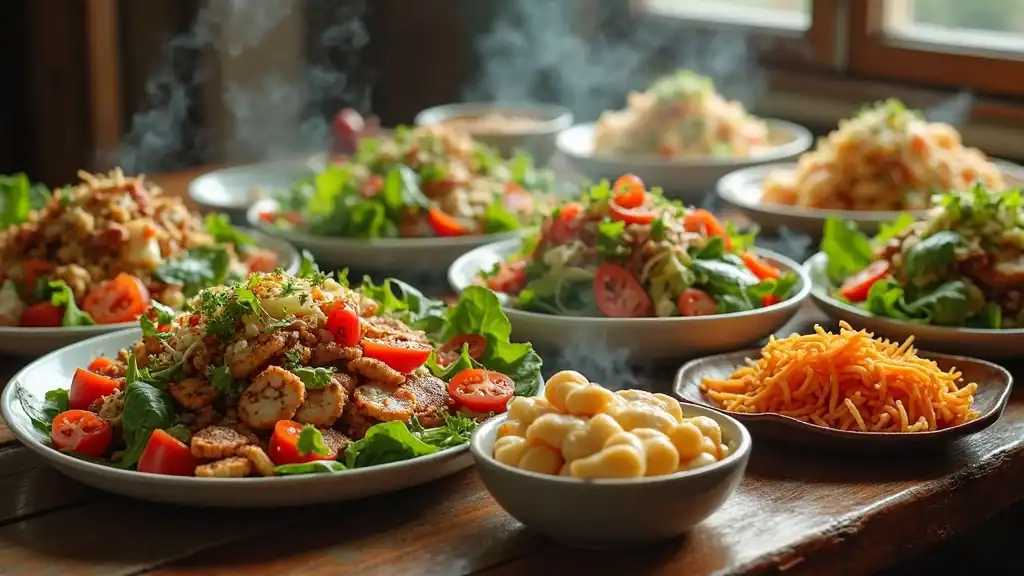 Wholesome spread of healthy meals: colorful salads and plant-based bowls on a rustic table, photorealistic, rich natural colors, gentle daylight