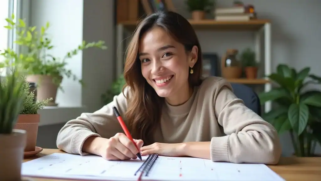 Motivated adult marking stress management activities on a calendar, confident expression, in a stylish organized home office, representing taking control and scheduling relief