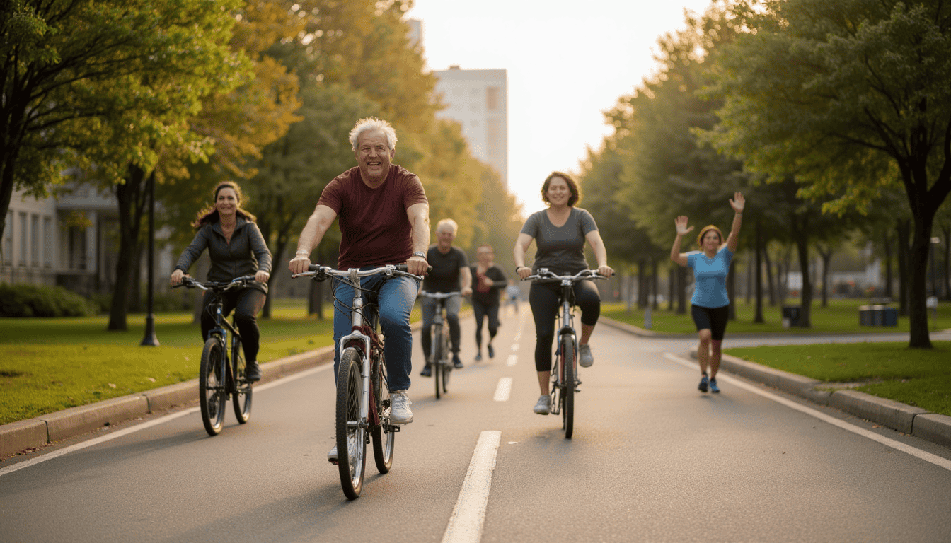 benefits of daily exercise - Vibrant, diverse group of adults engaging in various light exercise activities (brisk walking, yoga, cycling) in a photorealistic modern city park scene, showcasing lush greenery, sunlight, dynamic motion, and joyful, natural expressions.