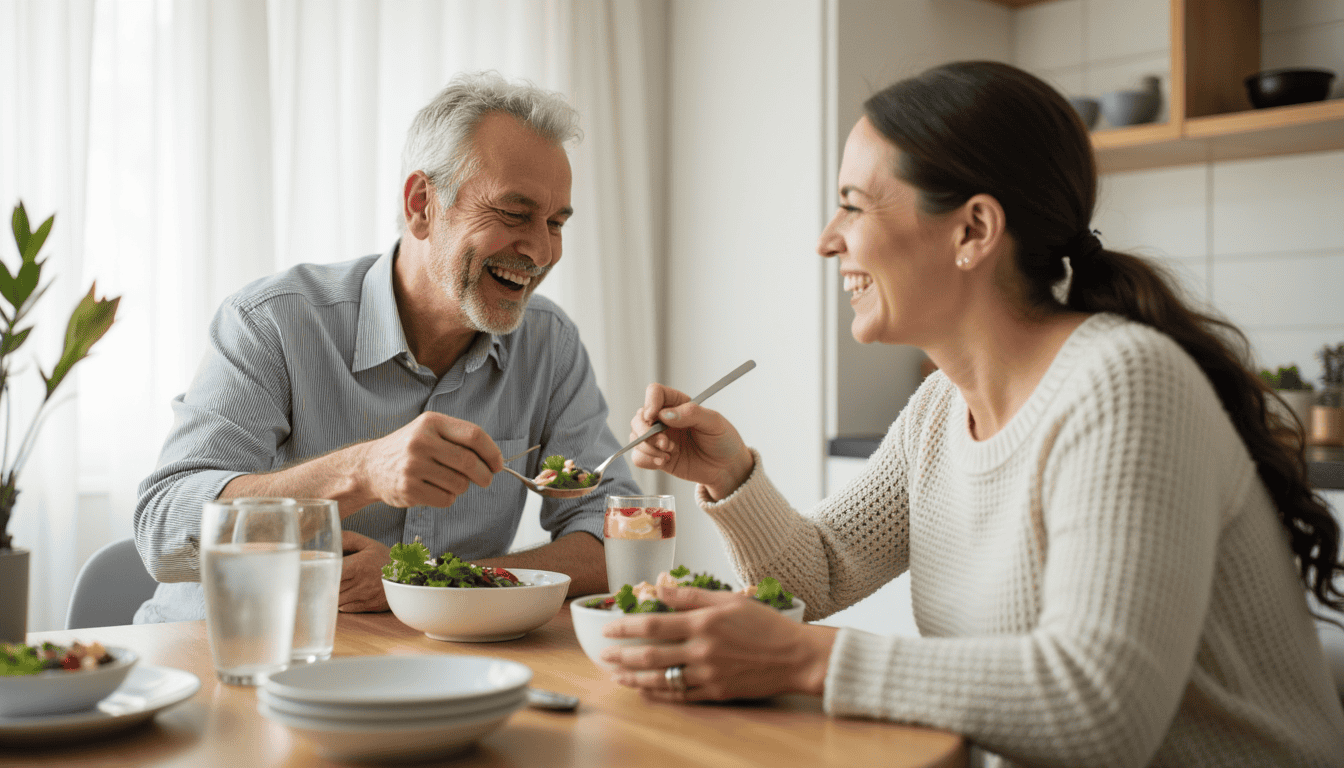 happy couple experiencing health benefits of intermittent fasting enjoying a salad