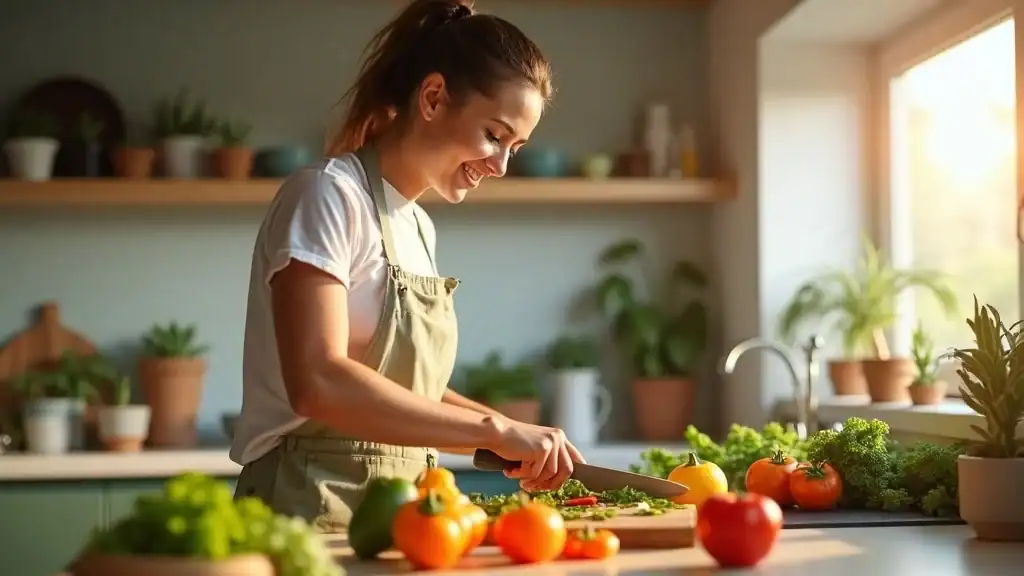 Motivated person preparing healthy meal, intent and pleased, chopping vegetables in modern sunlit kitchen, photorealistic, green and orange tones