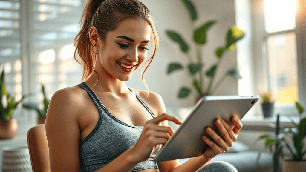 Curious woman reading about effective fat-burning exercises on a tablet in a sunny, plant-filled living room, highlighting learning and research in fitness