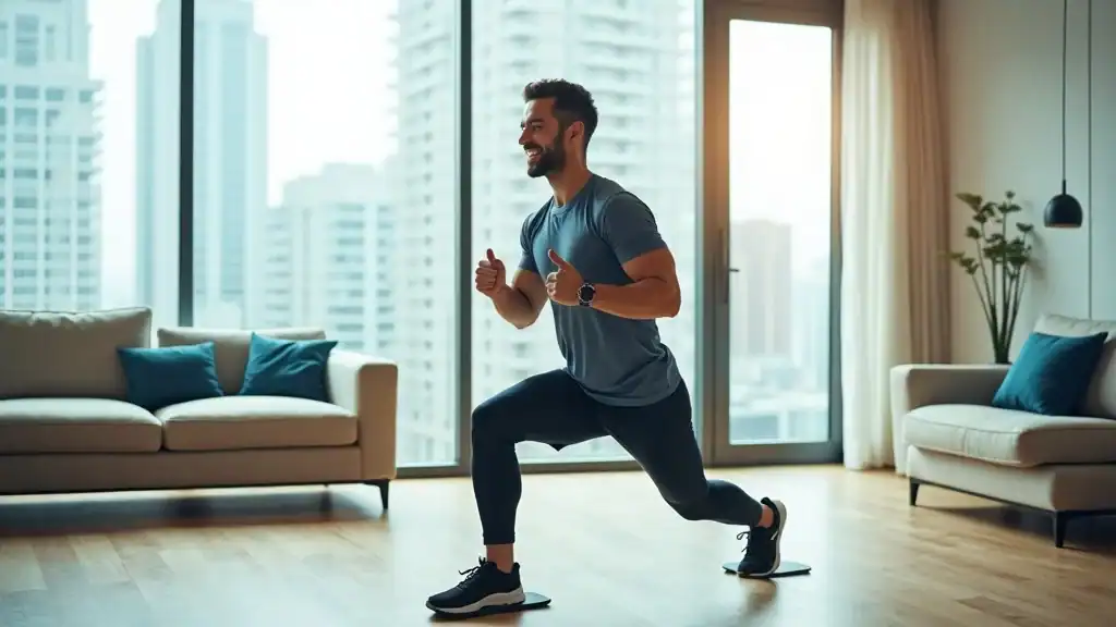 Business traveler using core sliders doing lunges in modern hotel room, with city view and workout equipment for travel workout equipment must-haves