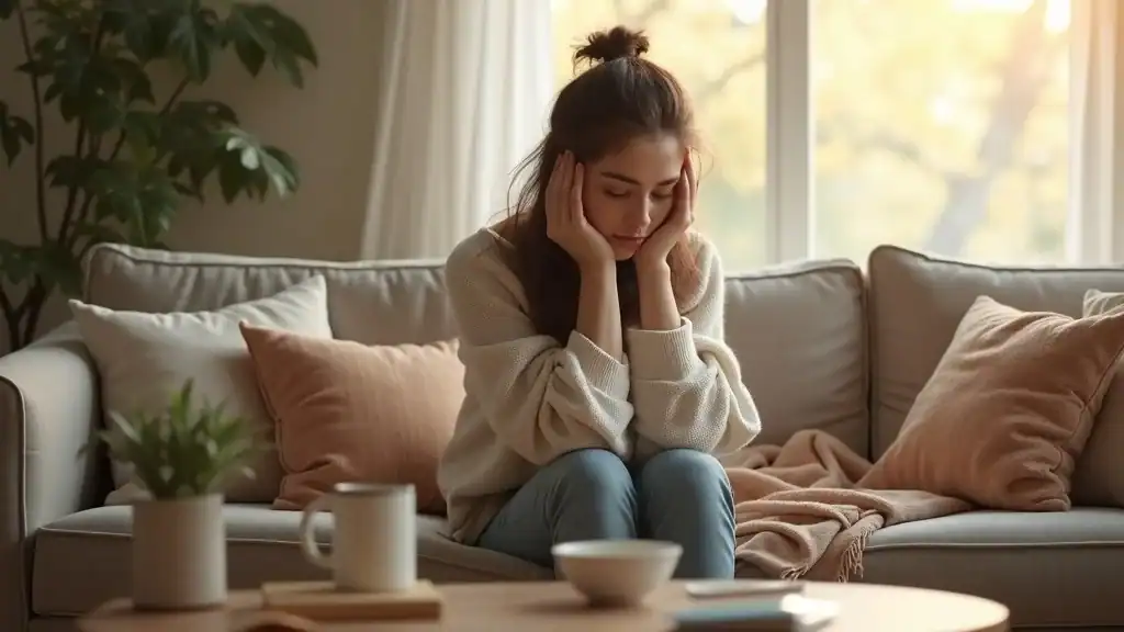 Thoughtful young adult woman showing subtle concern as a sign of anxiety disorder, sitting quietly on a modern couch in a cozy living room with warm blanket, a cup of tea, and indoor plants, highlighting comfort and reflective mood under gentle sunlight